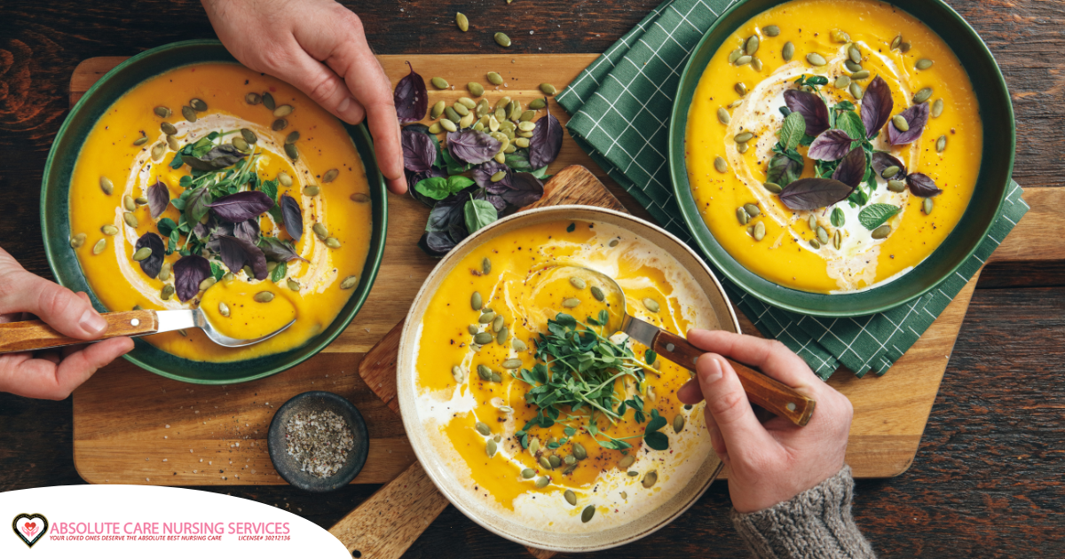 Pumpkin soup like the one in these bowls can be a great choice for a winter food for older adults.