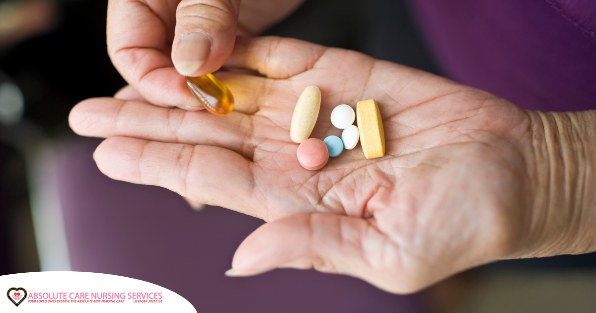 A woman holds pills in her hand, representing medication management.