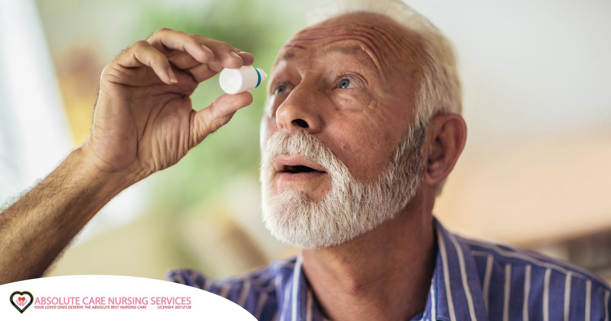 An older man uses eye drops as part of a good care routine to maintain his vision health.